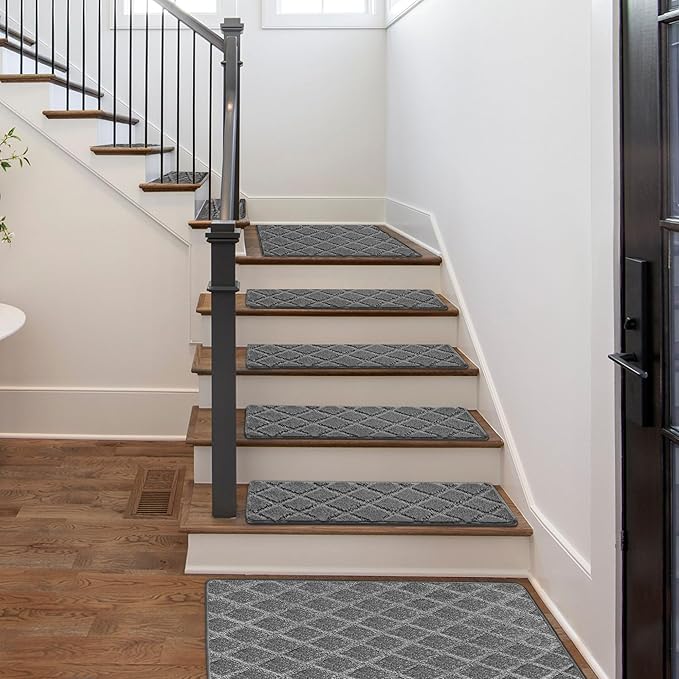 PURE ERA Carpet Stair Treads Tape Free Non Slip Indoor Stair Carpet Stair Protectors Pet-Friendly Non-Slip Skid Resistant Washable Reusable 8" x 30"(14 Pieces,Gray Diamond Trellis)