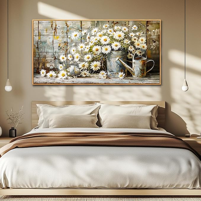 PHAOHUAXM Large Canvas Wall Art For Living Room Wall Decoration Printing Artwork Retro White Flower Dining Room Bedroom Bathroom Kitchen Wall Painting Home Decoration Wood Frame Aesthetics 24x48 In