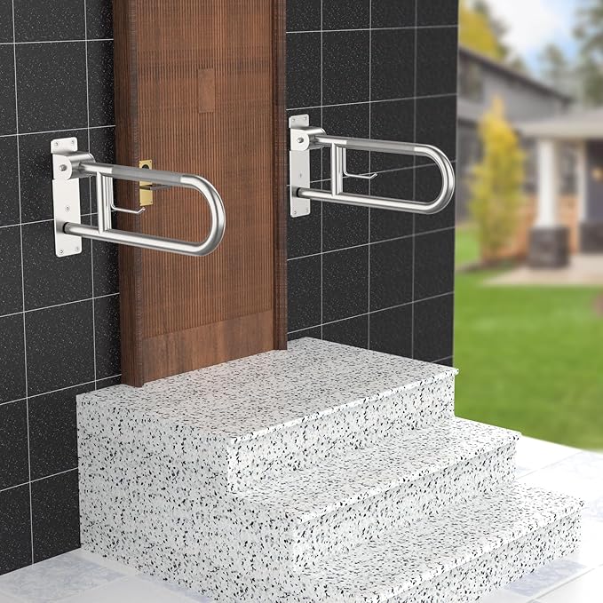Toilet Grab Bar 22.4 Inch, Munzong Anti-Slip Handicap Grab Bars with Paper Holder, Flip-Up Bathroom Toilet Safety Rails, Stainless Steel Knurled Support handrails for Seniors Elderly Disabled Pregnant