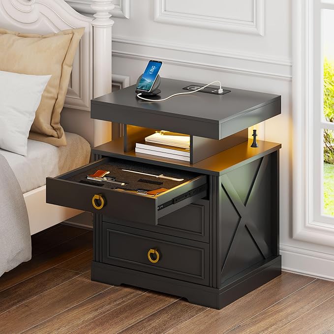 Gurexl Farmhouse Set of 2 Night Stand with Lockable Gun Drawer,LED Nightstand with Charging Station,Bedside Table with Human Sensor 3-Color Lights,End Table with 3 Drawers,Bedroom,Black