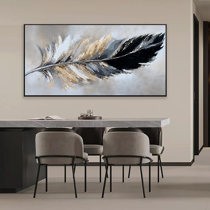 Canvas Art Wall Decor Modern Large Wall Decor Abstract Wall Art for Living Room Modern Home Decorations 29"X58" With Framed Painting Black and Gold Minimalist Abstract Art Feather Home Artwork