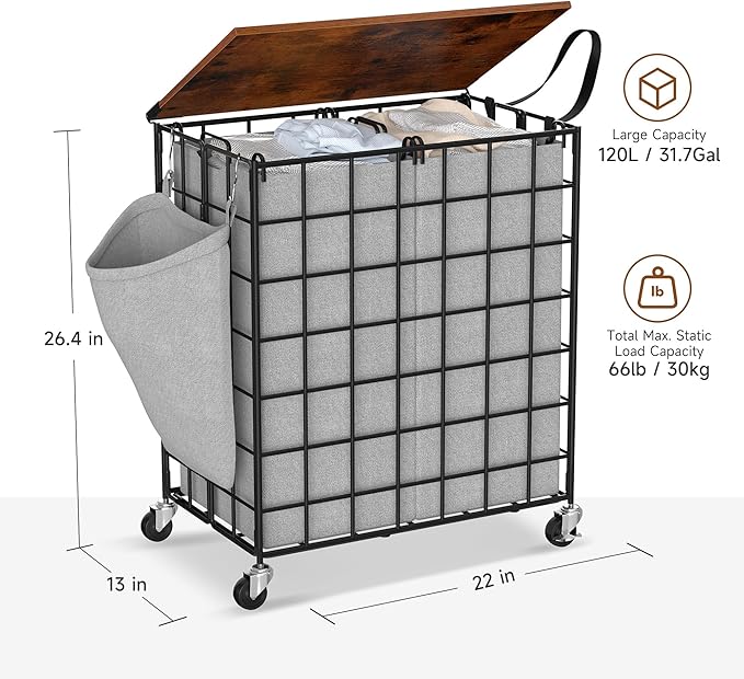 Laundry Basket with Wheels, Heavy Duty Laundry Sorter 2 Sections, Large Capacity 120L Laundry Hamper with Wood Lid, 360 Rolling Wheels, Extra Side Pocket, Leather Pull Handle (Grey)