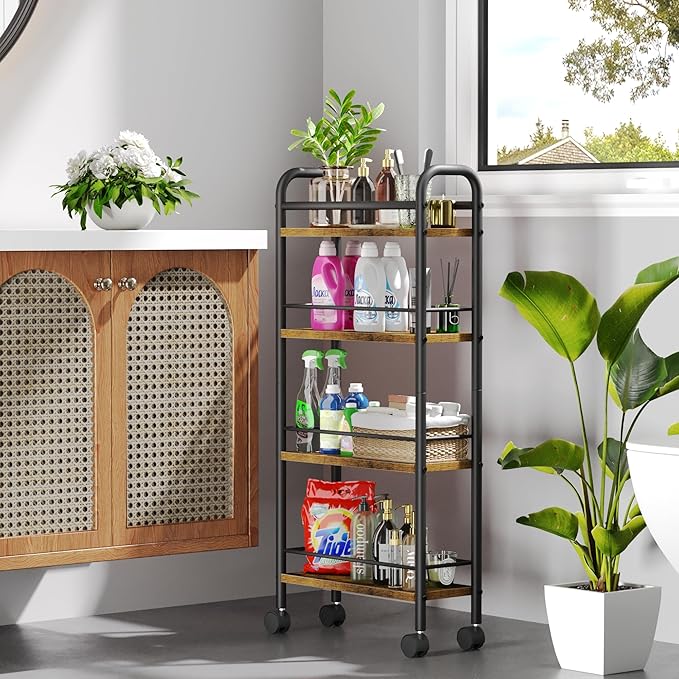 Slim Storage Cart, 4-Tier Narrow Rolling Cart with Handle, 5.9 Inches Deep, Slim Bathroom Shelf for Small Spaces, Kitchen, Dining Room, Living Room, Bathroom, Laundry Room, Rustic Brown
