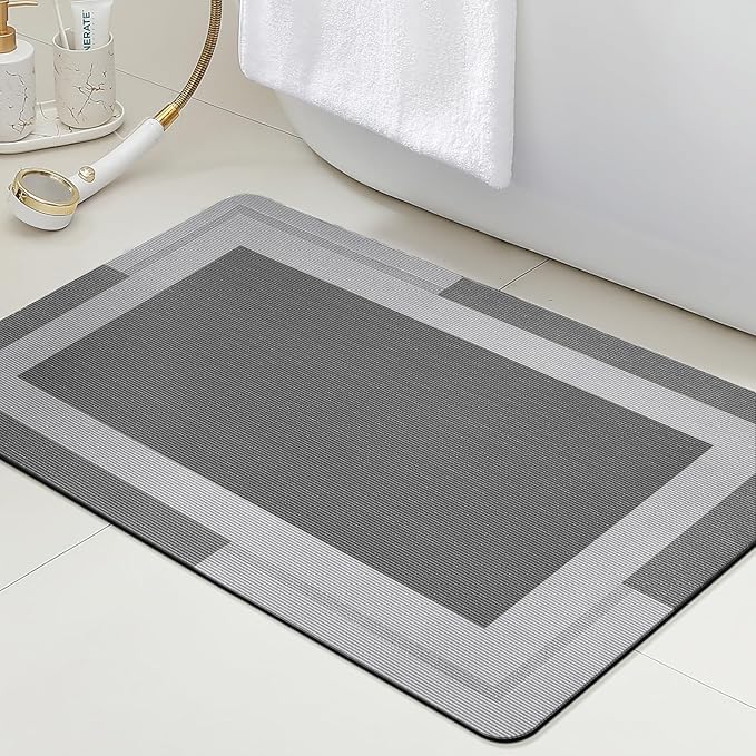 Ultra Thin Bath Mat, Upgrade Backing Non Slip Thin Bath Mats Fit Under Door, Quick Dry Ultra Absorbent Bathroom Rugs, Machine Washable Bath Rugs for Bathroom, Bathtub & Kitchen, Grey/Bordered/36"x24"