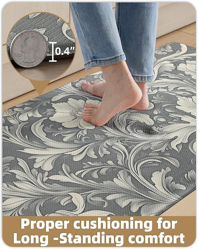 Color&Geometry Floral Kitchen Mat 24"x59", Anti Fatigue Mats for Kitchen Floor, Kitchen Rugs Non Slip, Waterproof & Oil Proof Kitchen Runner for Standing Desk Office, Sink - Grey