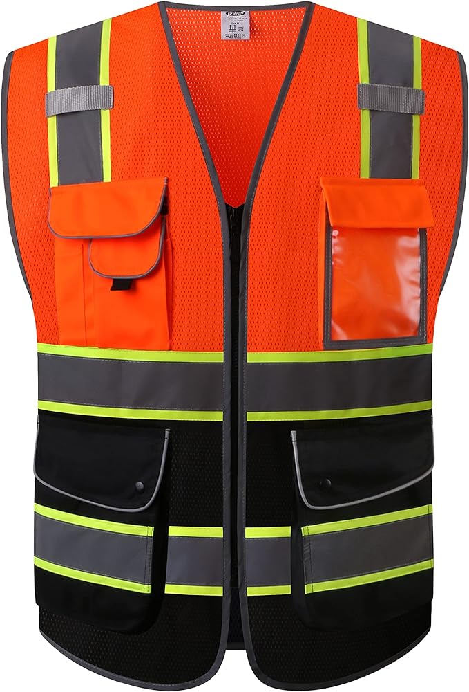 JKSafety 9 Pockets High Visibility Zipper Front Safety Vest With Reflective Strips,Meets ANSI/ISEA Standard (100-Orange-Black,XL)