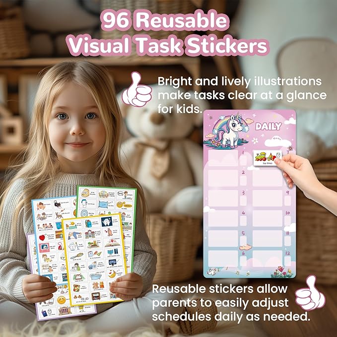 JJPRO Magnetic Bedtime/Morning/Daily Reward Routine Chart for Kids with Reward Jar-Bedtime Routine Chart,Reward Jar for Kids,Daily Checklist Reward Chart for Toddlers,Visual Schedule Board -Unicorn