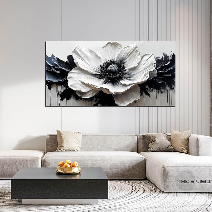 Black and White Flower Wall Art for Bedroom - Large Canvas Wall Art Living Room - Floral Wall Decor for Teen Girls Size 29" x 59"