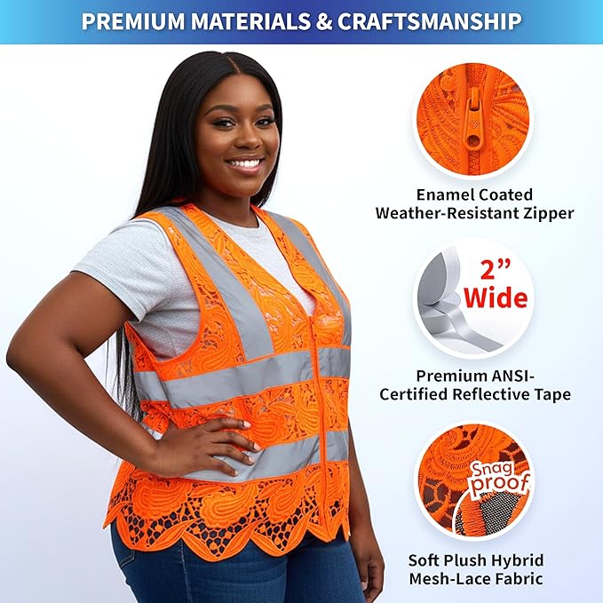 Lace-Mesh Safety Vest for Women & Men - Breathable, High Visibility Vest with Zipper & ANSI Class 2 Reflective Strips