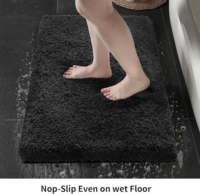 Small Bathroom Rug 17x24 Non Slip Black Fluffy Bath Mat for Bathroom Floor Washable Plush Luxury Bath Rug for Tub Soft Shaggy Shower Mat