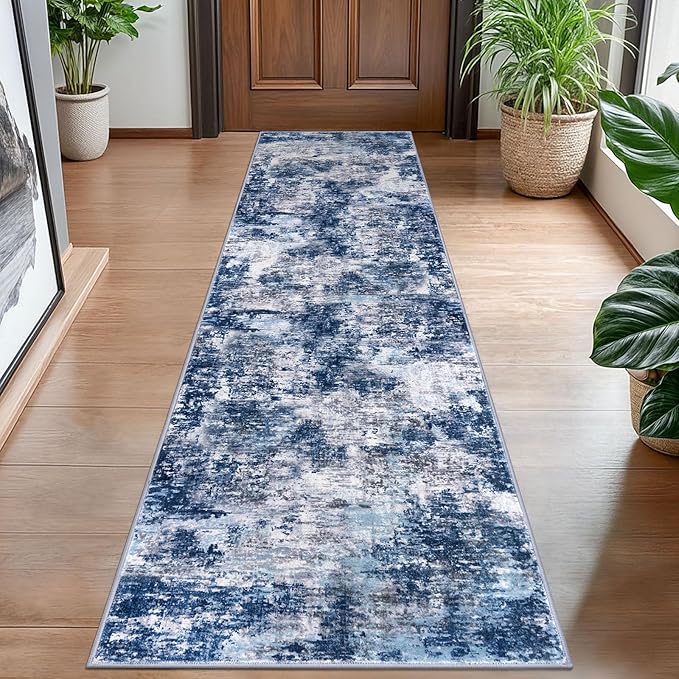 Modern Abstract Hallway Runner Rug, Grey Navy Blue Multi 2x8 Runner Rug, Washable Kitchen Runner Non-Slip Soft Thin Print Faux Wool Carpet for Entryway Bedroom Laundry Room Indoor