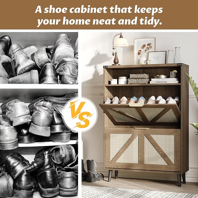 Shoe Cabinet with 2 Flip Drawers & Open Storage,Farmhouse Shoe Storage Cabinet for Entryway,Freestanding Narrow Organizer Rack with Legs,Foyer,Hallway,Rustic Oak Rattan