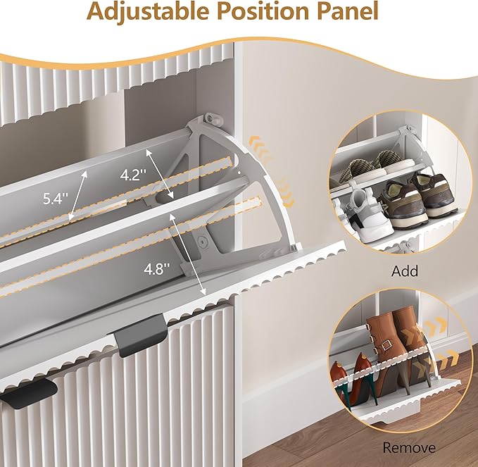 Shoe Cabinet Storage for Entryway with 4 Flip Drawers, White Fluted Shoe Cabinet with Bench, Wooden Hidden Shoe Rack Freestanding Narrow Slim Shoes Storage Organizer for Hallway, Entrance