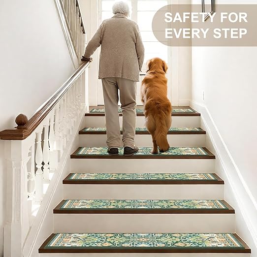 Non Slip Stair Treads for Wooden Steps Indoor, Green, 15pcs, 30"X8", Soft Carpet Mat, Machine Washable Boho Carpet Treads with Reusable Adhesive Backing, Safety Stair Tread for Dogs, Kids, Elders