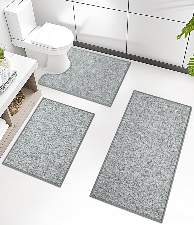 chakme Bathroom Rug Set 3 Piece, Ultra Thin Bath Mat Quick Dry, Absorbent, Non Slip, Machine Washable, Light Grey, 17" x 24" / 17" x 30" / 17" x 59"