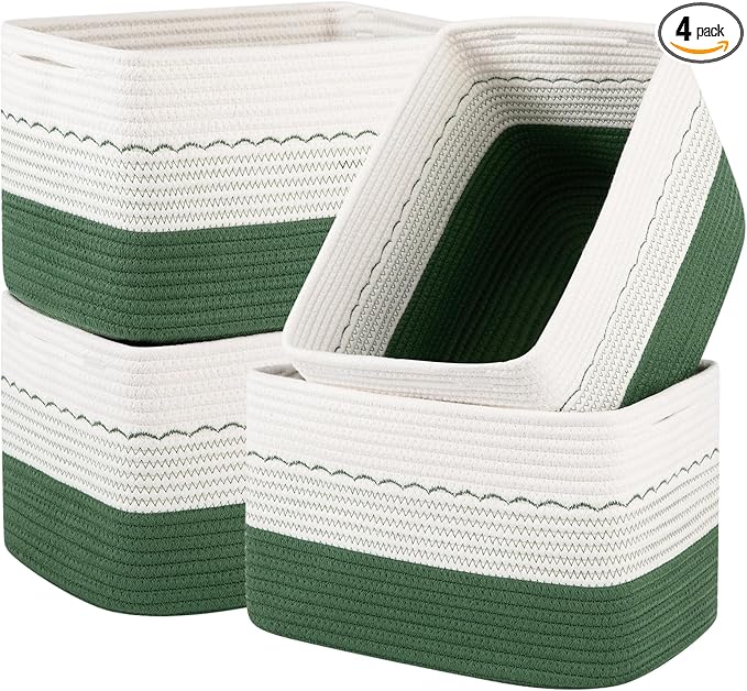 4 Pack Storage Baskets for Organizing, 13"X9"X7.87", Decorative Cotton Rope Baskets with Wave-Patterned Embroidery for Shelves, Small Woven Basket for Toys, Books and Towels, Green & White