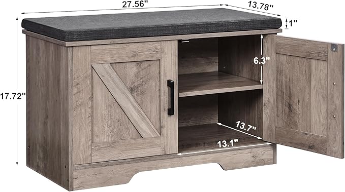 2-Tier Storage Bench, 27.6" Wide Shoe Bench with Padded Seat Cushion, Entryway Bench with 2 Barn Doors and Adjustable Shelf, Greige