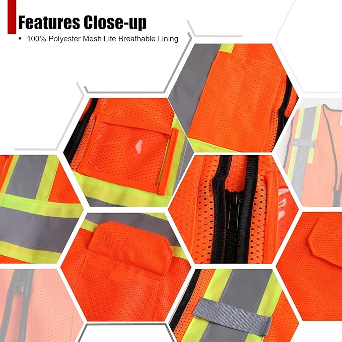 Reflective Safety Vest for Men Women Hi Vis Vest with Pockets High Visibility Vest Mesh Construction Vests Meets ANSI/ISEA Standards (Orange-33, X-Large)