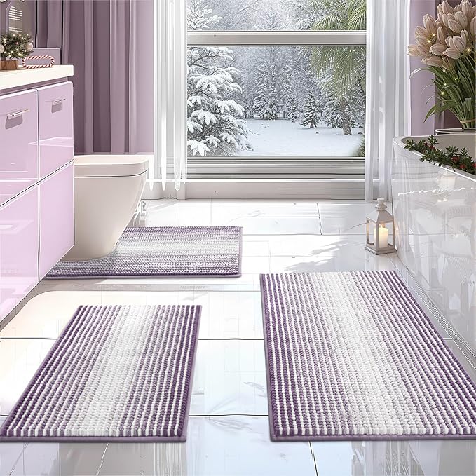 BSICPRO Bathroom Rugs Sets 3 Piece, Toilet Rugs U-Shaped Contour Bath Mat Set, Striped Absorbent Non Slip Chenille Shower Mat, Lavender Purple