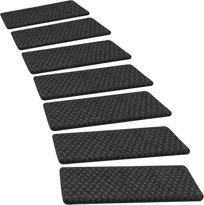 PURE ERA Bullnose Carpet Stair Treads Tape Free Non-Slip Indoor Stair Protectors Pet Friendly Stair Treads for Wooden Steps 9.5" x 30"(2 Pieces,Black Mini-Diamond Trellis)