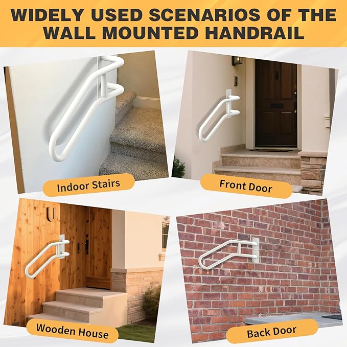 Left Side Wall Mounted handrail, Garge Door Stair Railing for 1-3 Steps(Polished White, Left Side, 230LBs Loading)