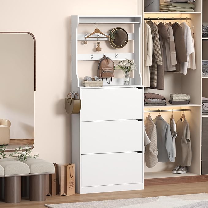 Tall Shoe Cabinet with Coat Rack, Hidden Shoe Storage Cabinet with Doors & Drawer, Hanging Bar & Hooks, Slim Narrow Freestanding Shoe Rack Organizer for Entryway, Hallway & Living Room, White