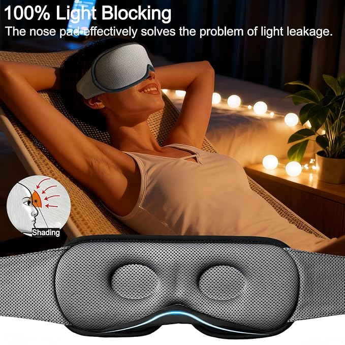 Soft 3D Sleep Mask for Sensitive Skin, Full Light Blocking and Breathable Eye Shade with Adjustable Strap, Comfortable Fit for Night Sleeping, Travel-Friendly with Storage Bag for Men and Women