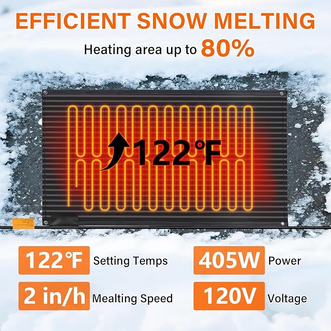 Snow Melting Mats Outdoor 30 x 48 inch, Non-Slip Heated Outdoor Mats 405W 120V, Heated Driveway Mats with UL and ETL Certificate Power Cord, Suitable for Most Entryways