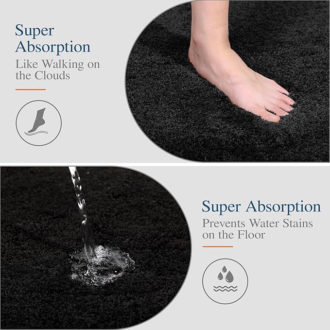 Walensee Bath Rug for Non-Slip Bath Mat (20 x 32, Black) Water Absorbent Soft Microfiber Shaggy Rug Machine Washable Thick Plush Shower Mat