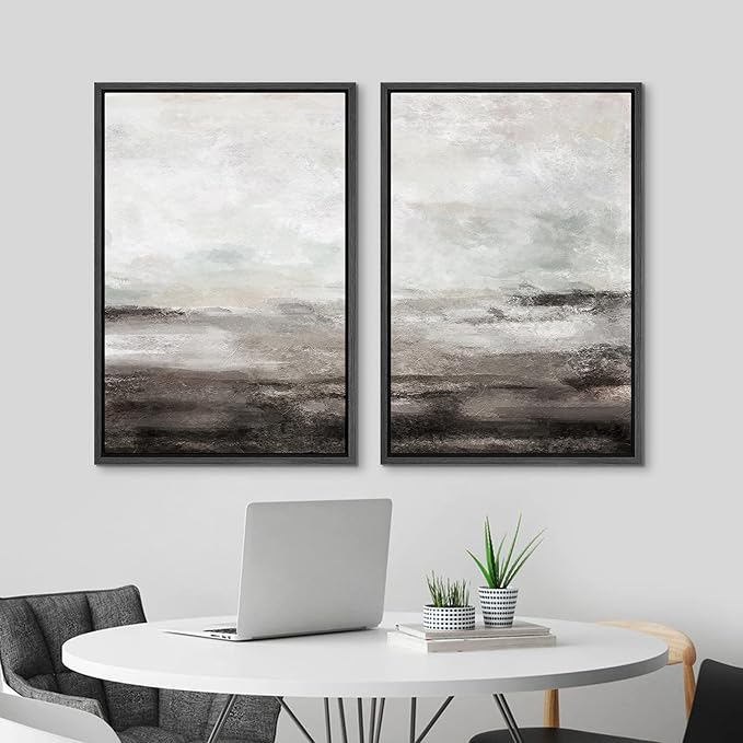 MUDECOR Framed Wall Art Print Set Brown and Gray Grunge Paint Stroke Landscape Abstract Shapes Illustrations Modern Minimalist Chic Relax/Calm for Living Room, Bedroom, Office - 24"x36"x2 Black