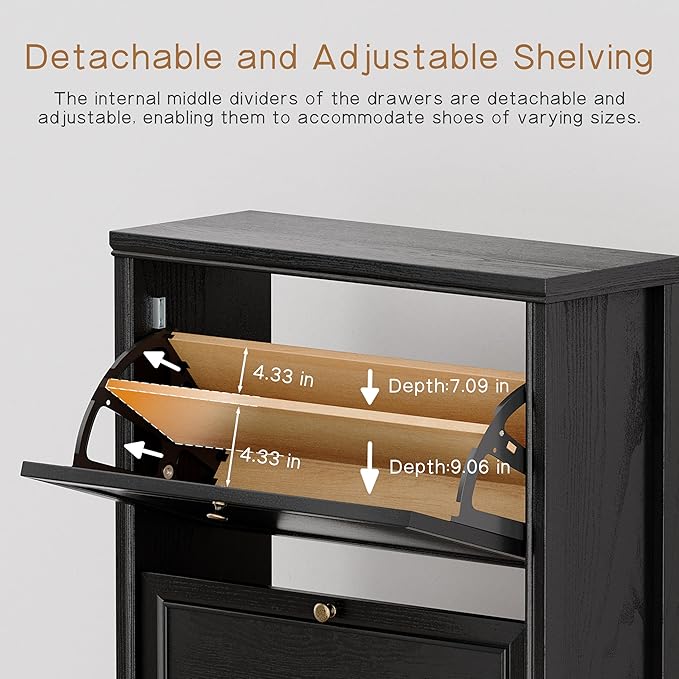 Chogori 3-Tier Shoe Cabinet – Solid Wood Entryway Shoe Storage Organizer with Flip-Up Doors, Adjustable Shelves – Narrow Freestanding Shoe Cabinets for Hallway – Space-Saving Design (1, Onyx Black)