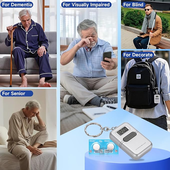 Talking Clock for The Blind and Visually Impaired - Easy-Use Talking Alarm Clock for Blind Elderly with Voice Announcement, LCD Display, Keychain & Portable Design
