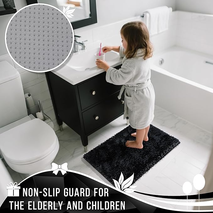 Yimobra Bathroom Rugs Sets 2 Piece, Soft Absorbent Bath Mat and U-Shaped Toilet Rug with Non Slip Backing, Luxury Shaggy Bath Mats for Bathroom, Machine Washable, 24"x17"+24"x20", Black