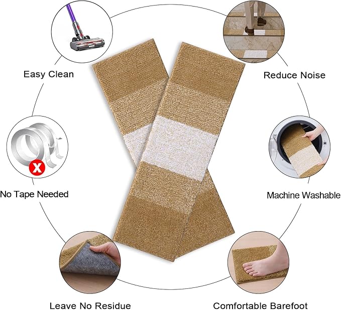OLANLY Stair Treads Non Slip 15PCS, 8" x 30" Indoor Stair Runners for Wooden Steps, Edging Stair Rugs with Reusable Peel and Stick Adhesive for Kids Elders and Pets, Camel