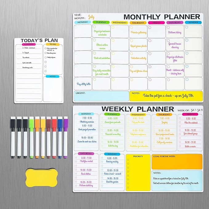M&G Magnetic Dry Erase Calendar Set for Fridge, 3 Pack Planning Whiteboard with 10 Markers and Eraser, Monthly & Weekly & Daily Chore Chart for Refrigerator Wall Door