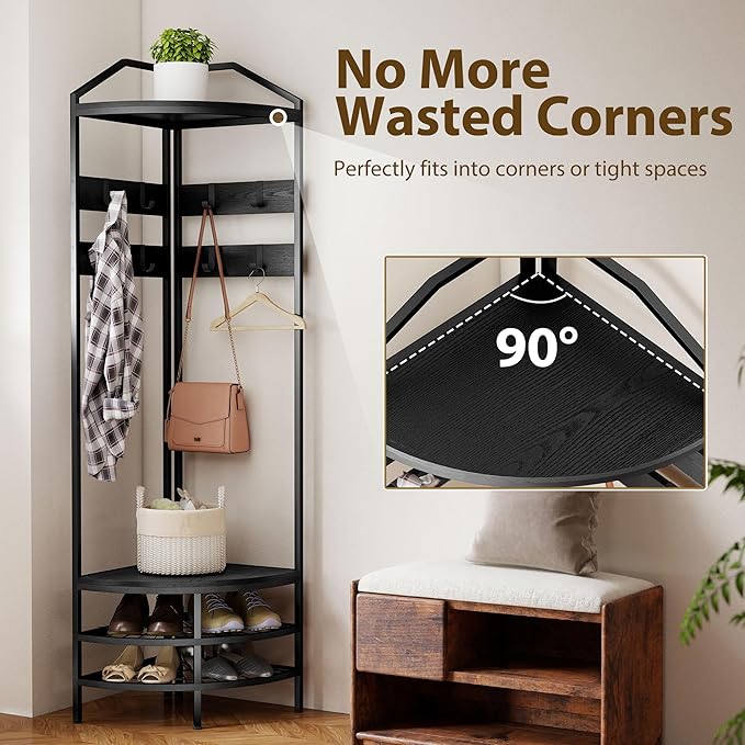 HOMCOM Corner Hall Tree, Industrial 4-Tier Coat Rack with Shoe Storage, 8 Movable Hooks and 2 Storage Shelves, Freestanding Entryway Coat Rack with Steel Frame for Hallway, Black