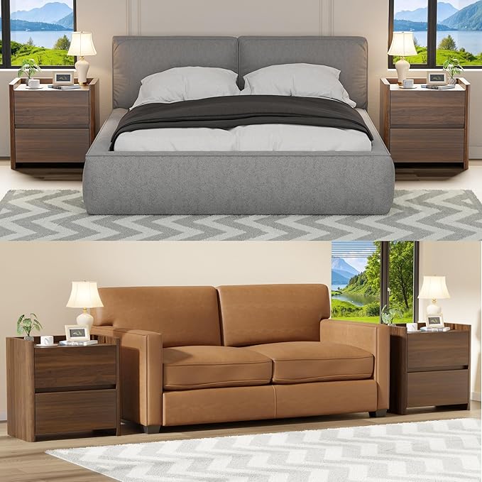 Nightstand with 2 Storage Drawer, Modern End Table for Bedroom with Cut-Out Handle, Large Night Stands for Bedroom, Home Office, Set of 1, Walnut