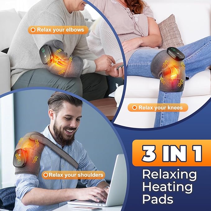 YUANBO Cordless Heated Knee Massager, 3-in-1 Massager for Elbow Shoulder Wrap with 3 Vibration & Heating Modes
