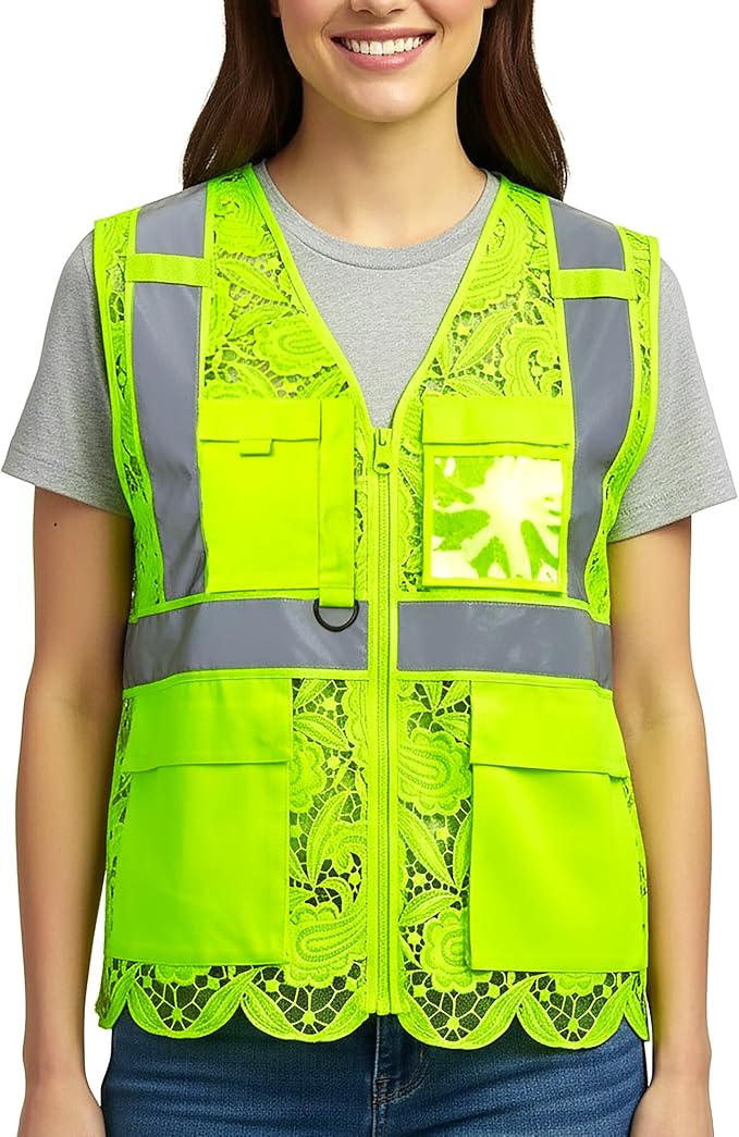 Lace-Mesh Safety Vest for Women & Men - Breathable, High Visibility Vest with Zipper & ANSI Class 2 Reflective Strips