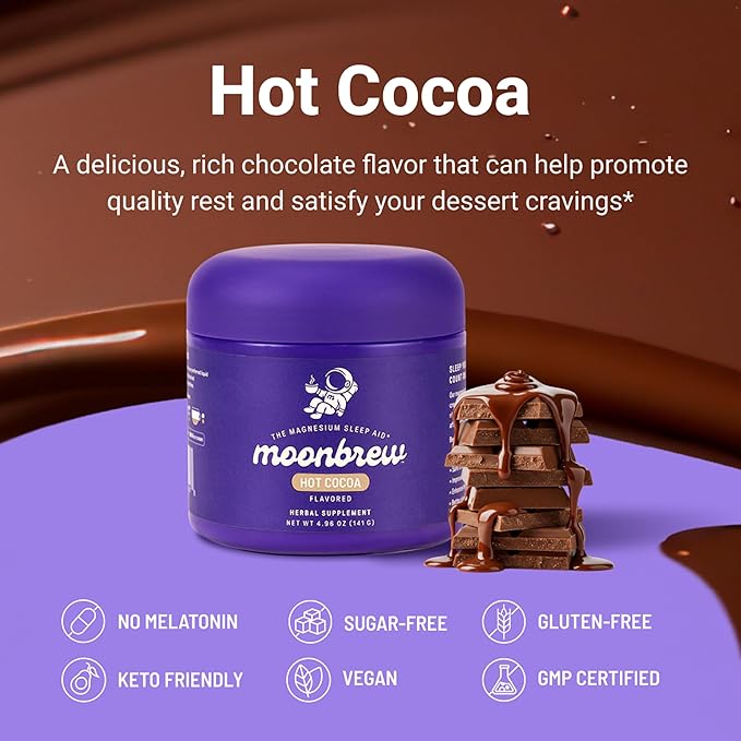 MoonBrew Nighttime Magnesium Hot Cocoa, Natural Sleep Aid Drink Mix for Adults, 2-Pack - Calming Melatonin-Free Sleep Support - Sleepy Hot Chocolate Powder with L-Theanine, Chamomile & Zinc Glycinate