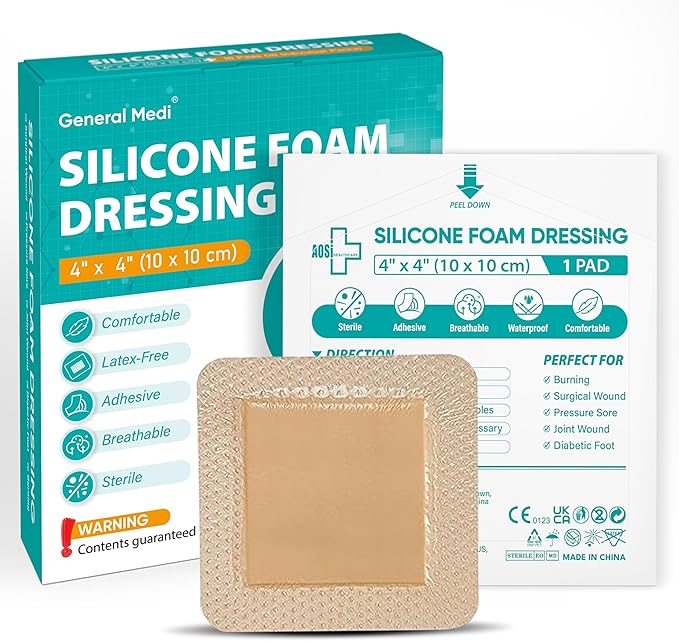 General Medi Waterproof Silicone Foam Island Dressing (10 Packs) – 4" x 4" Sterile Wound Care Pad with Adhesive Border - Sterile, Soft & Highly Absorbent Medical Grade Dressing Pad