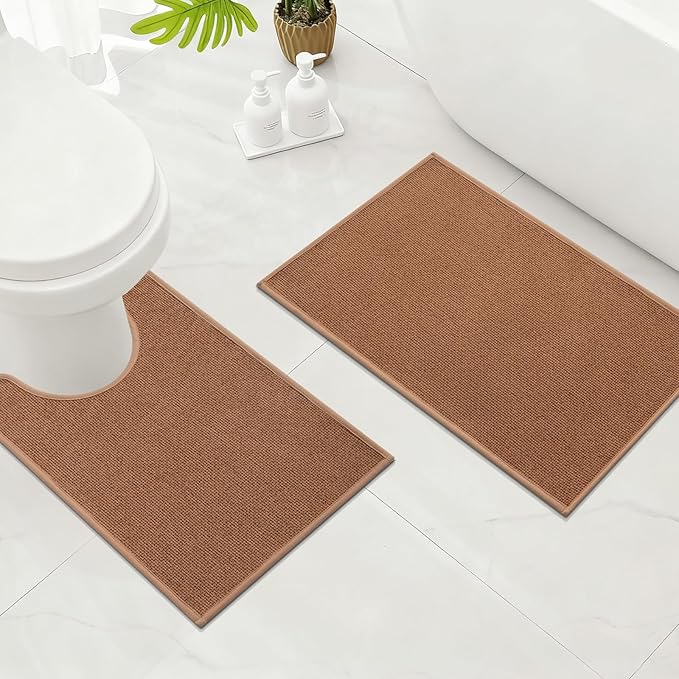 YIHOUSE Bathroom Rugs Mats Sets 2 Pieces, Ultra Thin Bath Mat Absorbent Non Slip Bath Rugs for Bathroom Washable, Shower, Sink, Laundry (Orange, 2 Pieces)