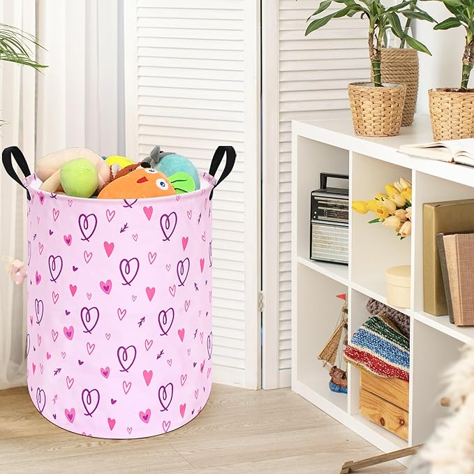 19.7" Round Pink Valentine's Day Laundry Clothes Hamper Laundry Basket with Handles,Storage Organizer Bins Laundry Gift Basket for Room, Bedroom Decor
