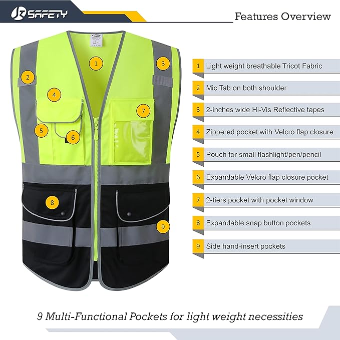JKSafety 9 Pockets High Visible Reflective Safety Vest Zipper Front Breathable Lining, Yellow-Black Meets ANSI/ISEA Standards(150-Yellow-Black M