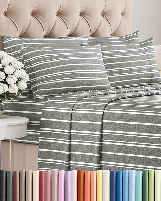 Full 6 Piece Sheet Set - Cooling & Breathable Bed Sheets - Hotel Luxury Bed Sheets for Women, Men, Kids & Teens - Bedding w/Deep Pockets & Easy Fit - Soft & Wrinkle Free - Full Grey Stripes Sheets