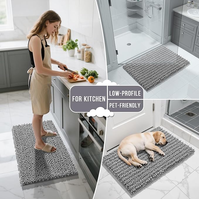 Yimobra Bathroom Rugs Non Slip Washable - Ultra Soft Absorbent Chenille Bath Mat, Quick Dry Shaggy Floor Carpet for Tub Shower, Gray Home Decor Accessories, 24x17 Inch