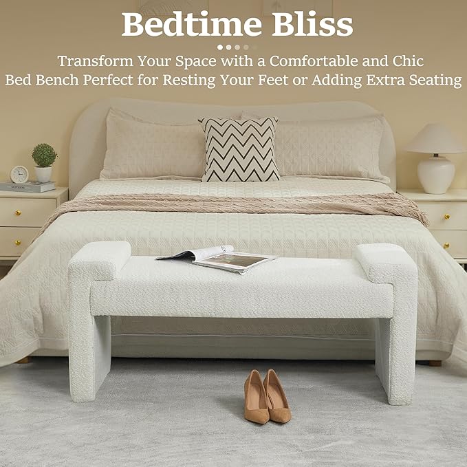 43" End of Bed Bench Upholstered Modern Bedroom Bench for Living Room & Entryway, Easy Assembly, Footrest Ottoman Accent Window Bench with Solid Wood Frame & Curved Arm, White