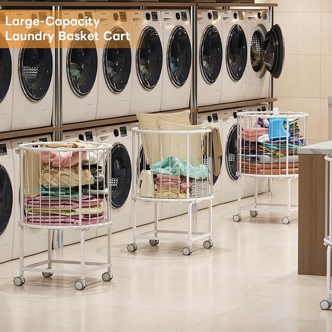 29-Gallon(110 L) Laundry Basket with Wheels,Rolling Round Metal Laundry Basket Cart with Elastic Cord,2 Locking Wheels-White