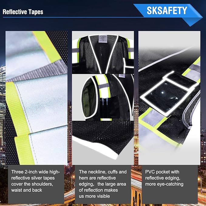 SKSAFETY 10 Pockets Safety Vest, Class 2 High Visibility Security with Zipper Double-sided mesh, Hi Vis Vest with Reflective Strips, ANSI/ISEA Standard, Construction Work Vest （Black, L）