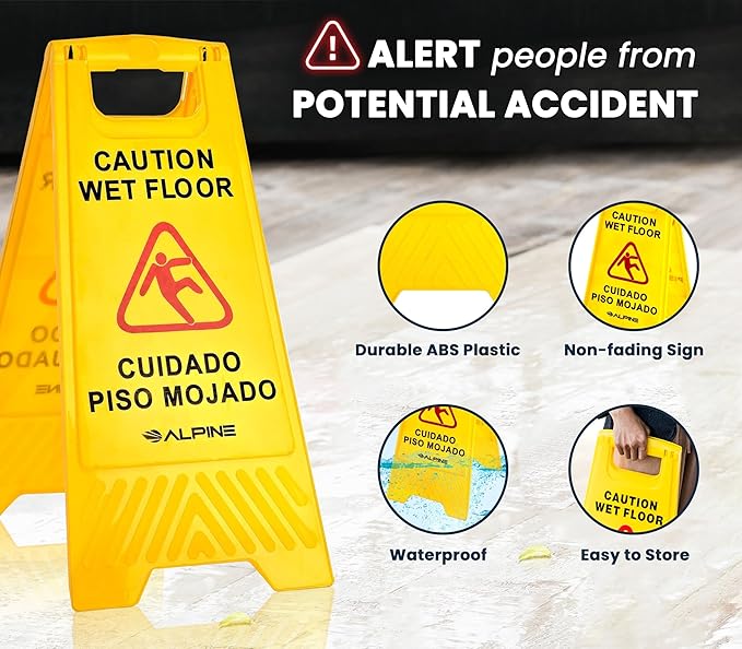 Alpine Caution Wet Floor Signs 5 Pack - 24 Inch, High Visibility Yellow Slippery When Wet Sign - Bilingual Safety Warning Sign to Easily Avoid Slippery Accidents in High Traffic Areas